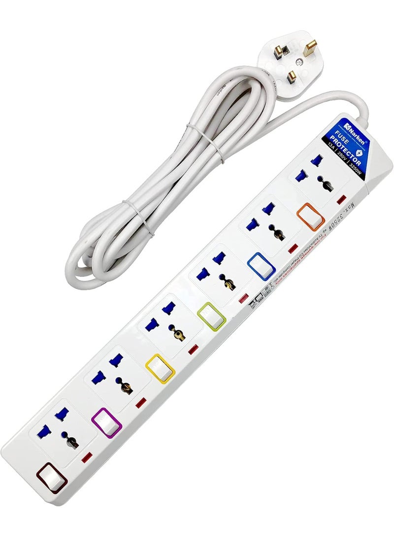 Narken E Series Extension Cord 6 Ways 5 Meter Electric Universal Power Strip wire 13A Fuse surge With Separate Single Switch and Indicate light Max 13A 3250W AC 250V White. - Image 4
